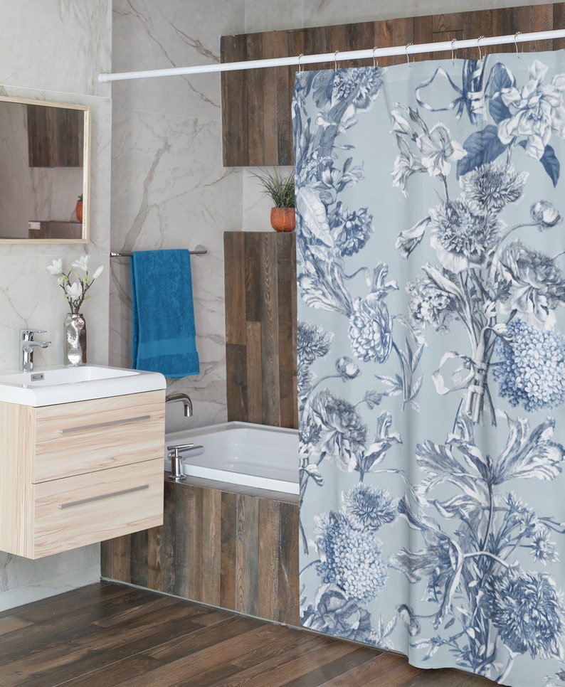 Toile Shower Curtain, Vintage Inspired Bathroom Decor, Floral Botanical Tub Curtain - Image 4