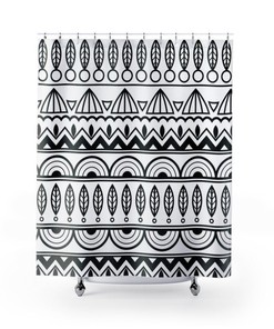 Tribal Ethnic Black And White Shower Curtain College Dorm Bathroom Decor, Line Art Decor