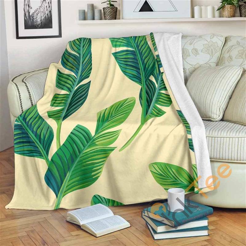 Tropical Banana Palm Leaf Pattern Sherpa Fleece Blanket Gifts for Family, for Couple