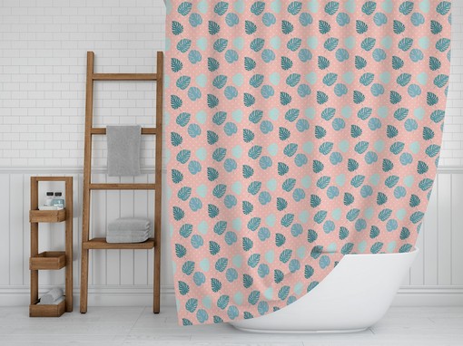 Tropical Bath Curtain, Coral Pink Polka Dots And Turquoise Palm Leaves Printed Fabric Shower Curtain, Colorful Bath Decor, Cool Bath Gift