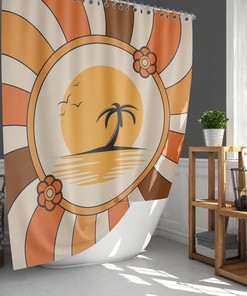 Tropical Beach Retro Shower Curtain, Mid-Century Vintage Palm Trees, Home Bath Set Decor