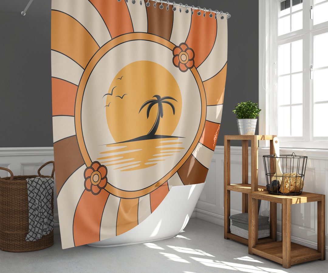 Tropical Beach Retro Shower Curtain, MidCentury Vintage Palm Trees