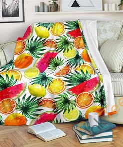 Tropical Fruit Leaf Pattern Sherpa Fleece Blanket Gifts for Family, for Couple