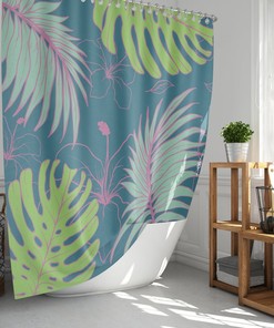 Tropical Green Palm Leaves Shower Curtain, Botanical Forest Monstera Bath Decor, House Warming Gift