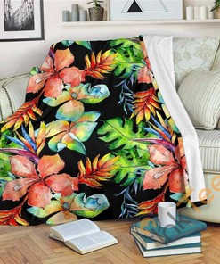 Tropical Hawaii Flowers Pattern Sherpa Fleece Blanket Gifts for Family, for Couple
