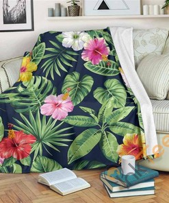 Tropical Hibiscus Flowers Pattern Sherpa Fleece Blanket Gifts for Family, for Couple