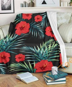Tropical Hibiscus Leaves Pattern Sherpa Fleece Blanket Gifts for Family, for Couple