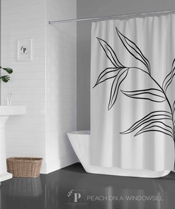 Tropical Palm Leaf Shower Curtain, Black And White Bath Curtain With Leaves, Modern Minimalist Botanical Bathroom Decor