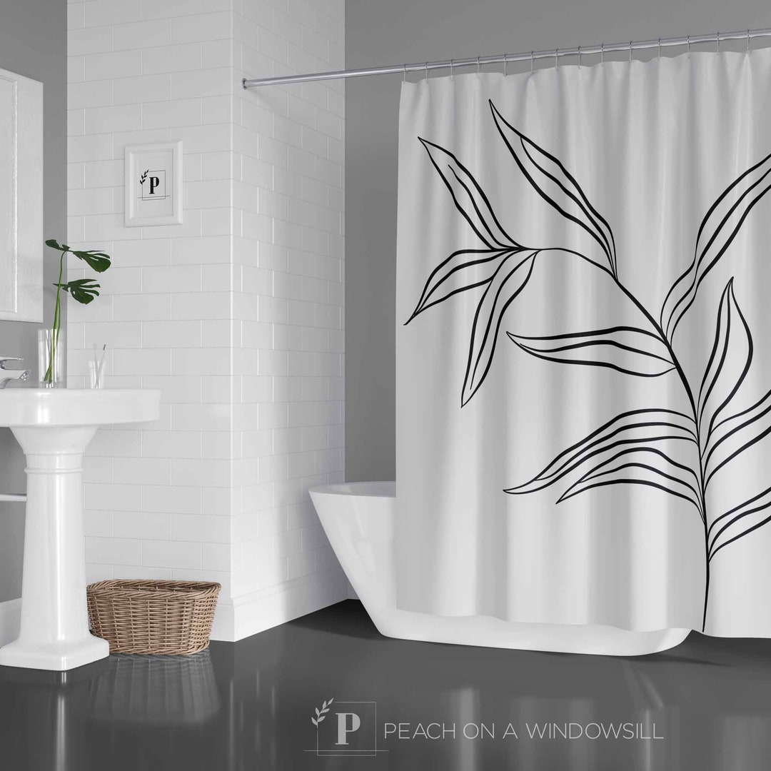 Tropical Palm Leaf Shower Curtain, Black And White Bath Curtain With ...