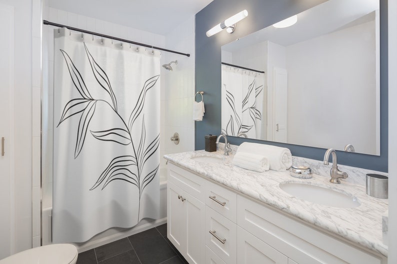 Tropical Palm Leaf Shower Curtain, Black And White Bath Curtain With Leaves, Modern Minimalist Botanical Bathroom Decor - Image 2