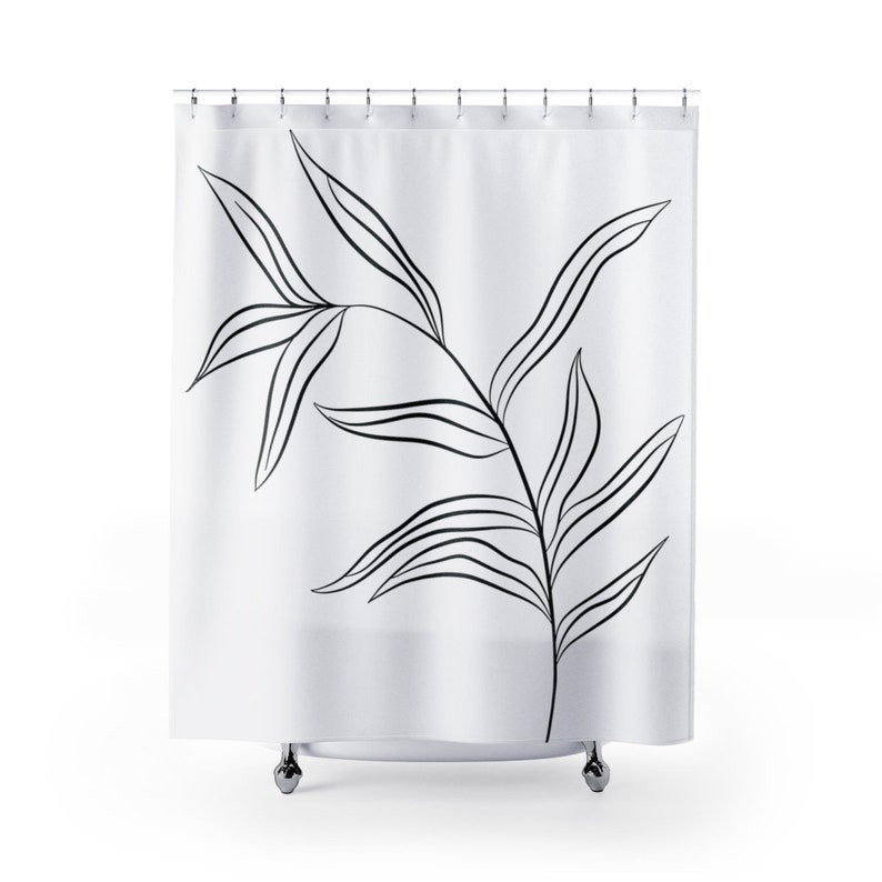 Tropical Palm Leaf Shower Curtain, Black And White Bath Curtain With Leaves, Modern Minimalist Botanical Bathroom Decor - Image 3