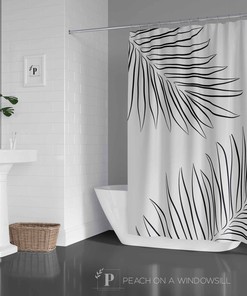 Tropical Palm Leaves Shower Curtain, Black And White Botanical Bath Curtain, Minimalist Scandinavian Bathroom Decor