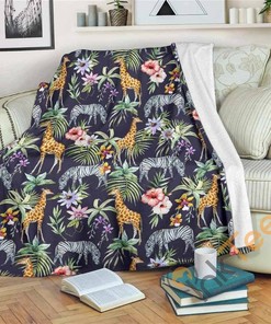 Tropical Zebra Giraffe Pattern Sherpa Fleece Blanket Gifts for Family, for Couple