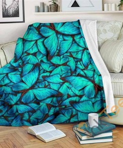 Turquoise Butterfly Pattern Sherpa Fleece Blanket Gifts for Family, for Couple