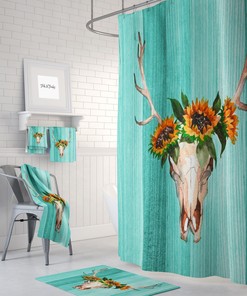 Turquoise Deer Skull Sunflower Shower Curtain
