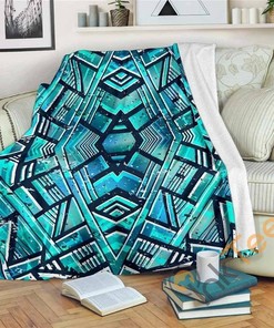 Turquoise Ethnic Aztec Trippy Sherpa Fleece Blanket Gifts for Family, for Couple