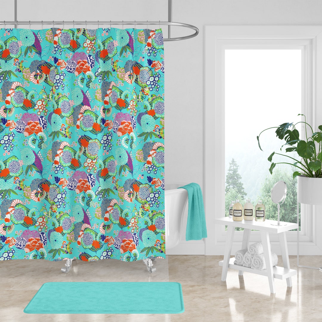 Turquoise Floral Shower Curtain Optional Set