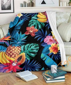 Turquoise Hawaiian Fruits Pattern Sherpa Fleece Blanket Gifts for Family, for Couple