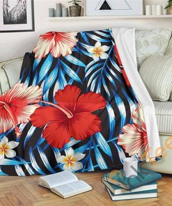 Turquoise Leaves Hibiscus Pattern Sherpa Fleece Blanket Gifts for Family, for Couple