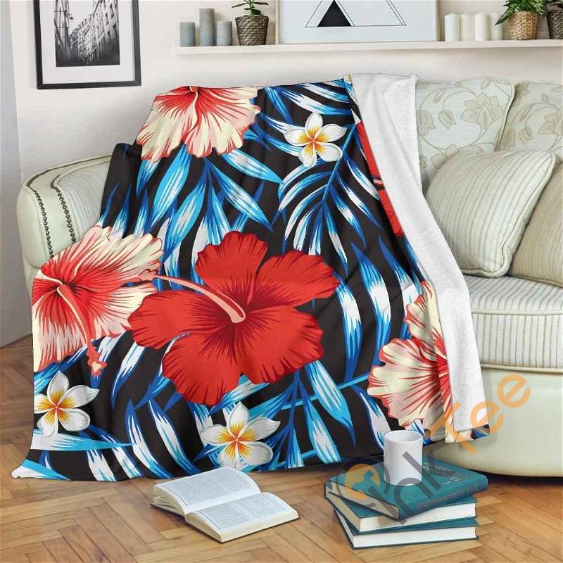 Turquoise Leaves Hibiscus Pattern Sherpa Fleece Blanket Gifts for Family, for Couple