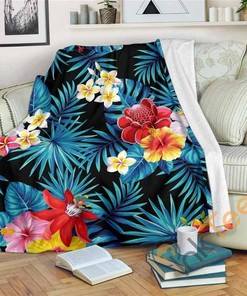 Turquoise Tropical Hawaii Pattern Sherpa Fleece Blanket Gifts for Family, for Couple