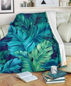 Turquoise Tropical Leaf Pattern Sherpa Fleece Blanket Gifts for Family, for Couple