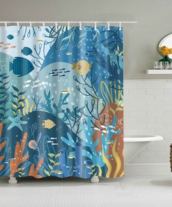 Underwater World Shower Curtain, Ocean Sea Corals Fish Starfish Seaweed Deep Water, Bathroom Curtain