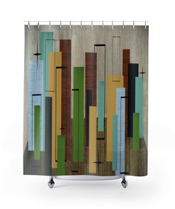 Urban Theme Retro Shower Curtain, Mid Century Modern Cityscape Skyline