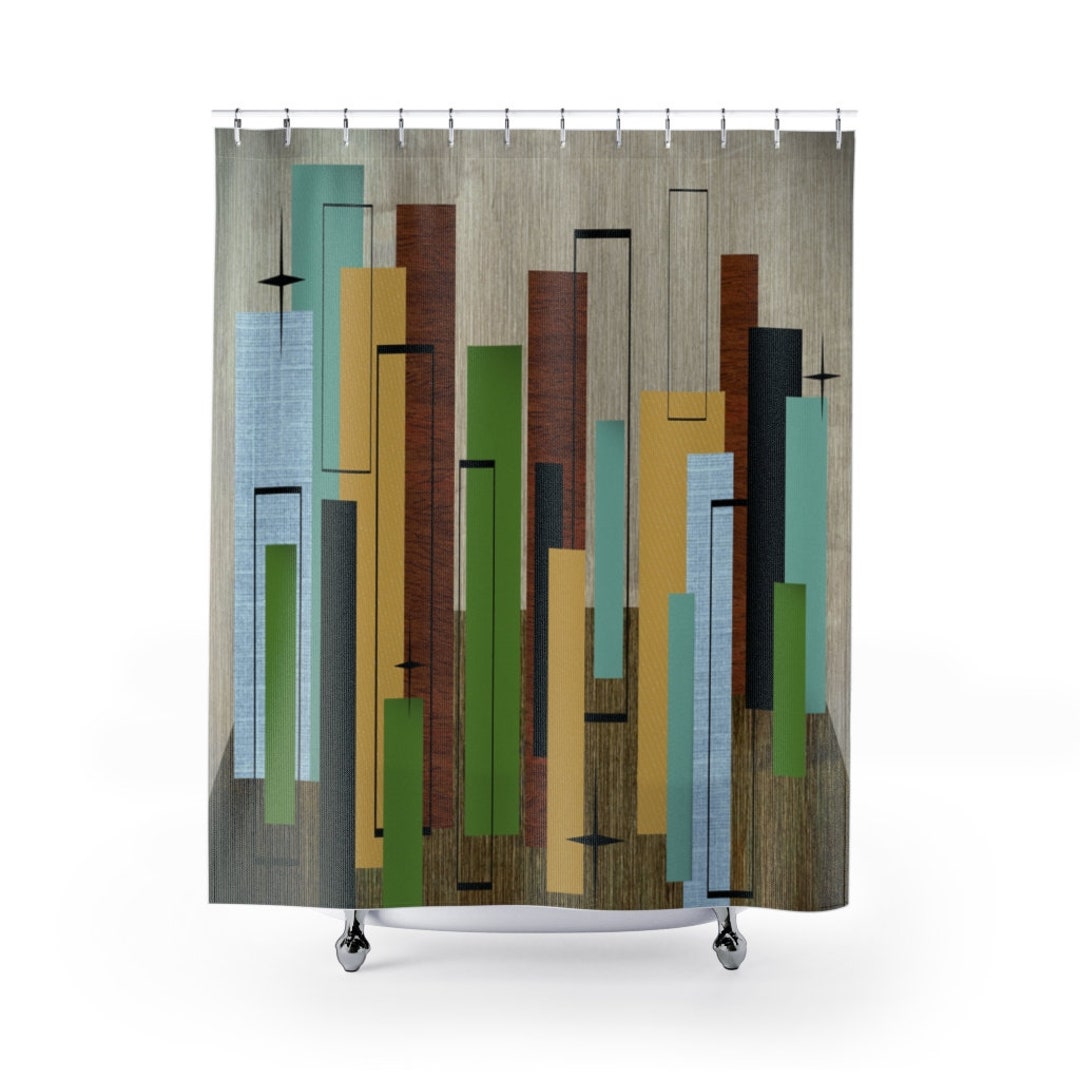 Urban Theme Retro Shower Curtain, Mid Century Modern Cityscape Skyline - Bluefink