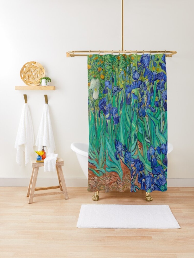 Van Gogh Shower Curtain Blue Flowers Art Nouveau Mid Century Modern Shower Curtain - Image 2