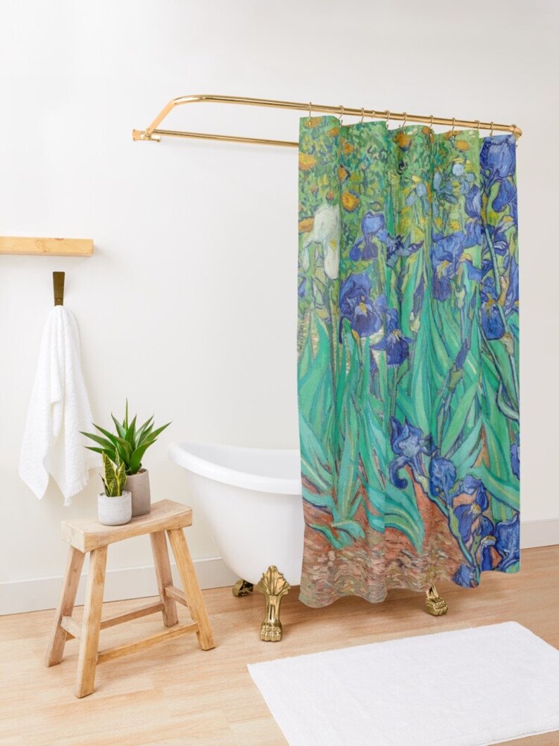 Van Gogh Shower Curtain Blue Flowers Art Nouveau Mid Century Modern Shower Curtain - Image 3