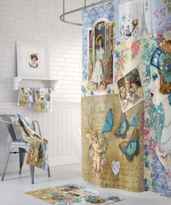 Victorian Collage Shower Curtains, Optional Bath Towerl, Bath Mat, Vintage Theme Bathroom Decor