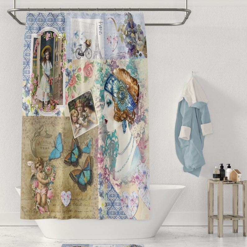 Victorian Collage Shower Curtains, Optional Bath Towerl, Bath Mat, Vintage Theme Bathroom Decor - Image 2