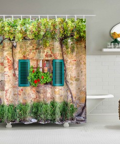 Village Home Shower Curtain, Grapevine Blue Window Flowers Fabric Bathroom Curtain, Bath Curtain