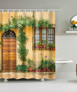 Village Home Shower Curtain, House Flower Leaves Garden Plant Fabric Bathroom Curtain, Bath Curtain