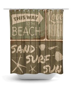 Vintage Brown Beach Shower Curtain Rustic Sign Faux Wood, Optional Bath Mat, Bath Towels