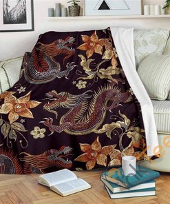 Vintage Dragon Flower Pattern Sherpa Fleece Blanket Gifts for Family, for Couple