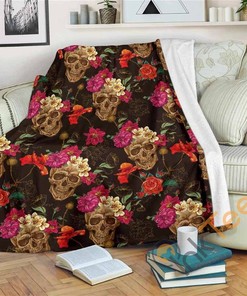 Vintage Flowers Skull Pattern Sherpa Fleece Blanket Gifts for Family, for Couple