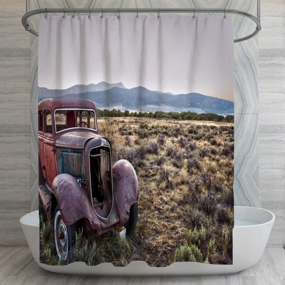 Vintage Shower Curtains, 1930s Vintage Car Shower Curtain, Rusted Car in Desert Decor, Rustic Bathroom, Timeless Bath Decor