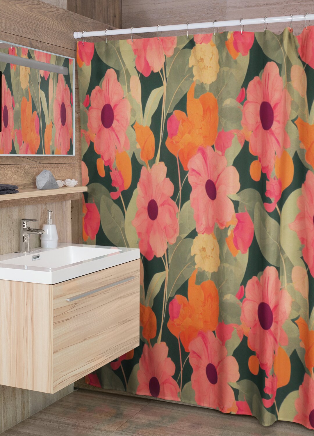 Vintage Style Floral Shower Curtain - Vintage Inspired Flowers Bathroom Accessory
