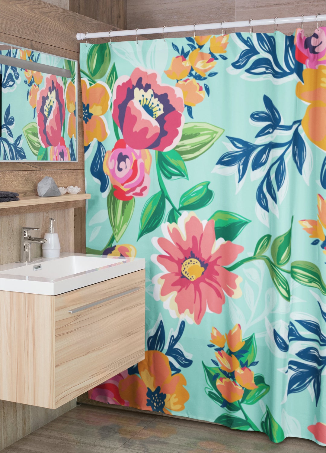Vintage Style Floral Shower Curtain, Vintage Inspired Flowers Shower Accessory, Retro Bathroom Curtain