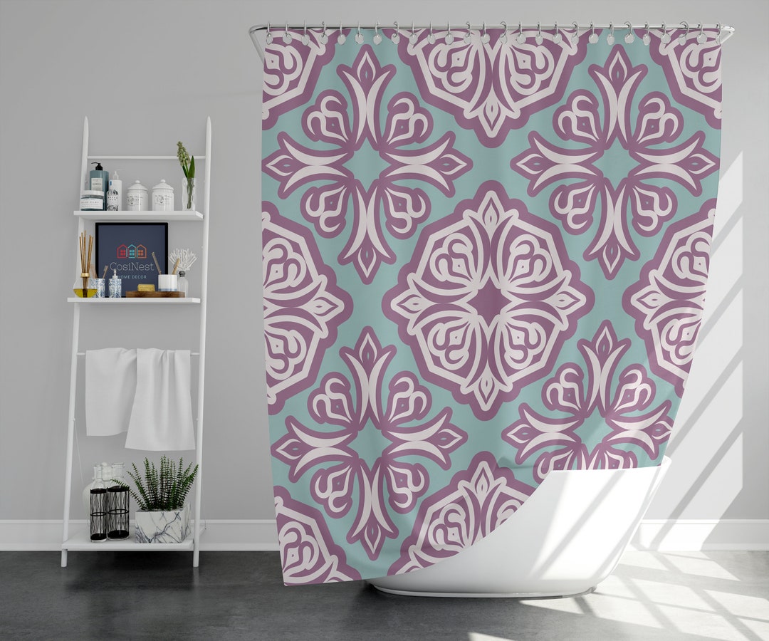 Violet Purple Flower Graphic Shower Curtain, Classic Mandala Vintage Floral, Fabric Bathroom Curtain, Home Bath Decor, House Gift