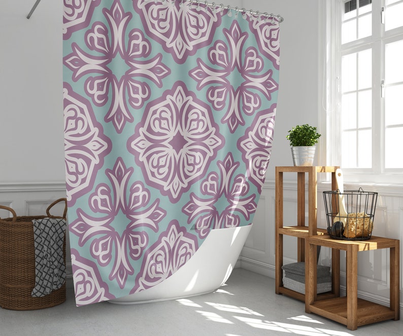 Violet Purple Flower Graphic Shower Curtain, Classic Mandala Vintage Floral, Fabric Bathroom Curtain, Home Bath Decor, House Gift - Image 2