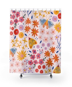 Warm Flower Butterfly Shower Curtain, Bathroom Decor and Design, Flower Art, Gift Idea, Spring Art