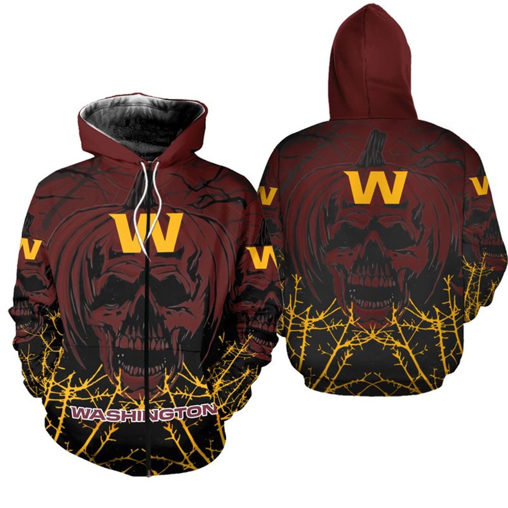 Washington Football Team Hoodie Halloween Pumpkin Skull Print Zip Hoodie - Image 2