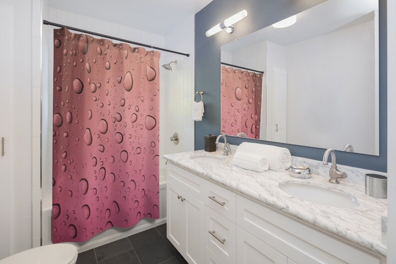 Water Droplets Shower Curtain, Pink And Rose Gold Ombre Bath Curtain, Bathroom Art, Modern Bath Decor - Image 2