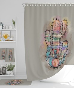 Watercolor Cactus Shower Curtain Build a Set With Optional Towels and Bath Mat