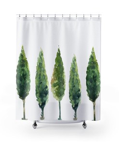 Watercolor Evergreen Trees Bath Curtain, Farmhouse Decoration, Bathroom Decoration