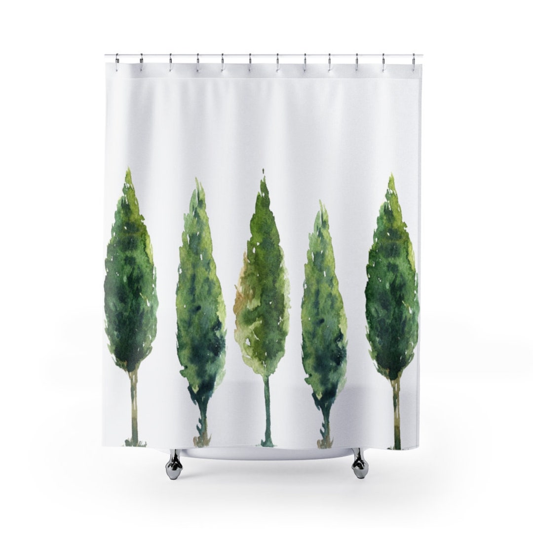 Watercolor Evergreen Trees Bath Curtain, Farmhouse Decoration, Bathroom Decoration