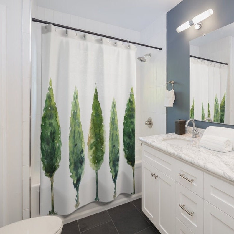 Watercolor Evergreen Trees Bath Curtain, Farmhouse Decoration, Bathroom Decoration - Image 2
